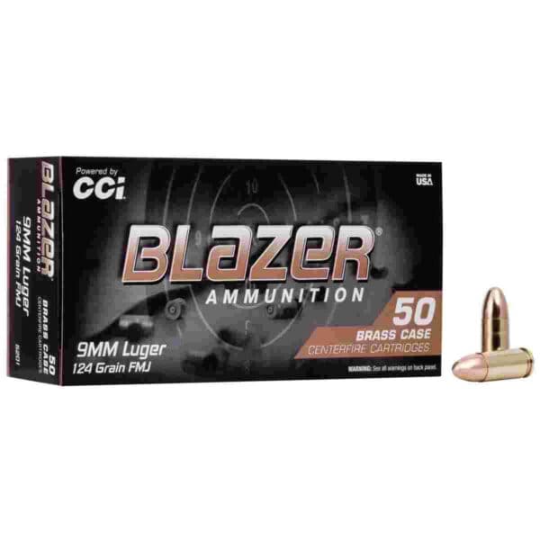 CCI Blazer Brass Handgun Ammunition 9mm Luger 124 gr. FMJ 1090 fps 50/ct