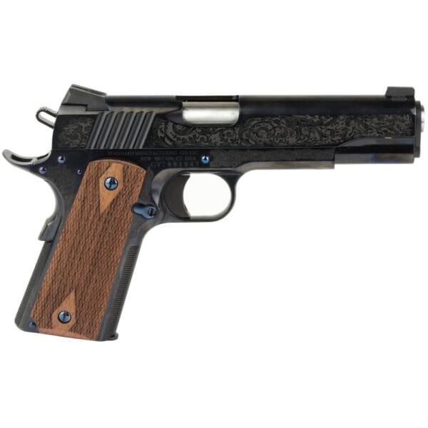 Standard Mfg 1911 Handgun .45 ACP 7rd Magazine 5" Barrel Black and Royal Blue Engraving with Brown Grips