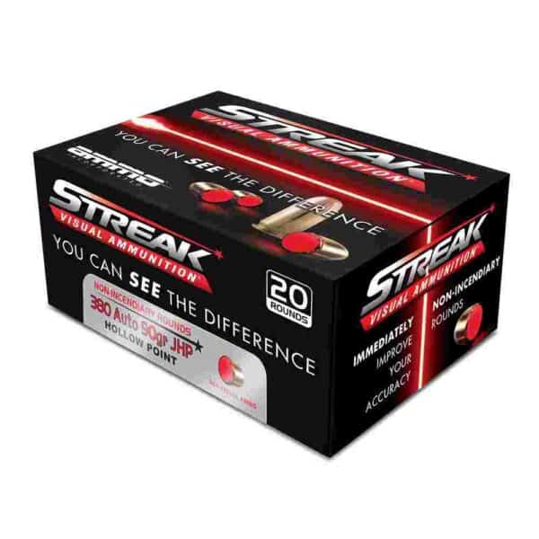 Ammo Inc Streak Handgun Ammunition Red .380 Auto 90 gr JHP 980 fps 20/ct