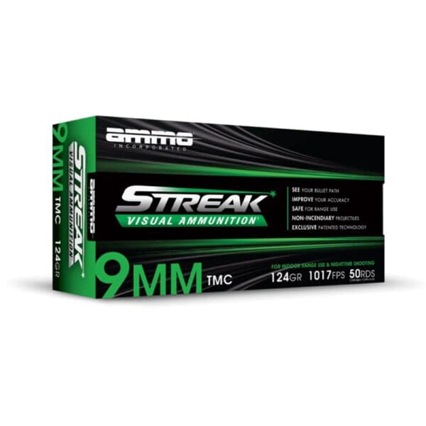 Ammo Inc Streak Green Handgun Ammunition 9mm Luger 124gr TMC 1065 fps 50/ct