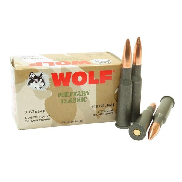 Wolf Military Classic Rifle Ammunition 7.62x54R 148gr FMJ  2740 fps 20/ct