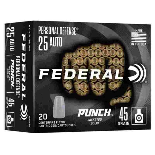 Federal Personal Defense Punch Handgun Ammunition .25 Auto 45gr Solid 825 fps 20/ct