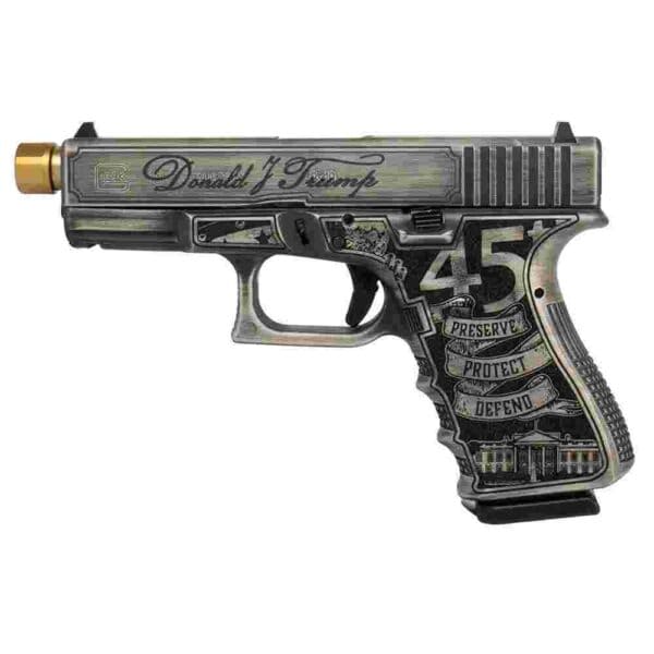 Glock 19 Gen 3 Custom "Trump 2024" Compact Handgun 9mm Luger 15rd Magazines (2) 4.6" Gold Barrel Crushed Silver Distressed Black USA