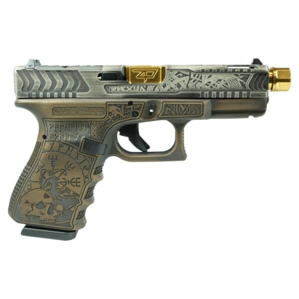 Glock 19 Gen 3 Custom "Viking in Colonial Brown" Handgun 9mm Luger 15rd Magazines (2) 4.6" Threaded Gold Barrel USA