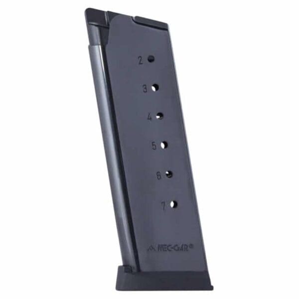 Mec-Gar 1911 Officer Handgun Magazine with Plastic Removable Buttplate & Follower .45 ACP HT Blued 7/rds High Cap