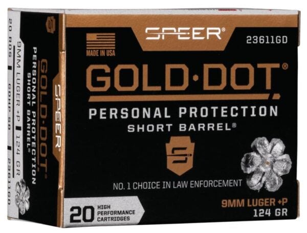 Speer Gold Dot Short Barrel Handgun Ammunition 9mm Luger (+P) 124 gr HP 1150 fps 20/ct