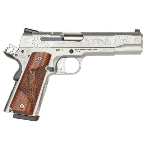 Smith & Wesson 1911 Engraved Handgun .45 ACP 8rd Magazine 5" Barrel Engraved Silver with Wood Grip