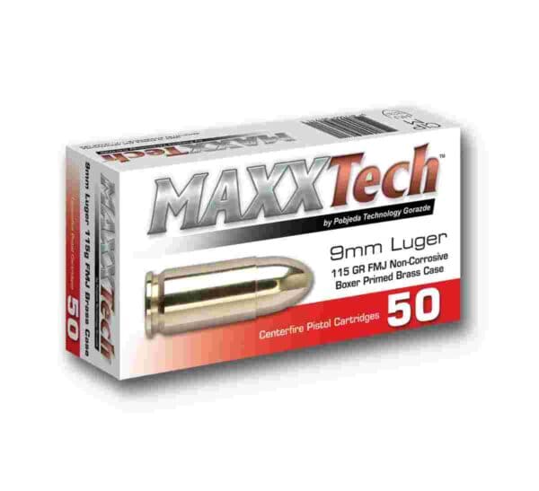 Maxxtech Brass Casefire Handgun Ammunition 9mm Luger 115 gr FMJ 50/ct