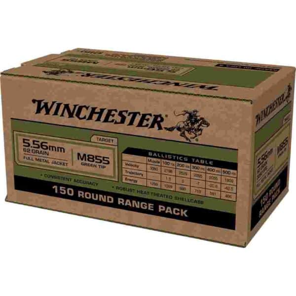 Winchester USA Lake City M855 Green Tip Rifle Ammunition 5.56mm 62 gr. FMJ 1255 fps 150/ct