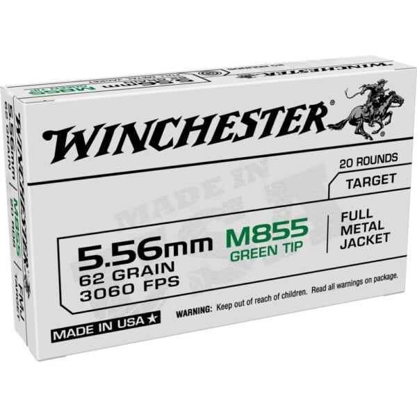 Winchester USA Lake City M855 Green Tip Rifle Ammunition 5.56mm 62 gr. FMJ 3060 fps 20/ct