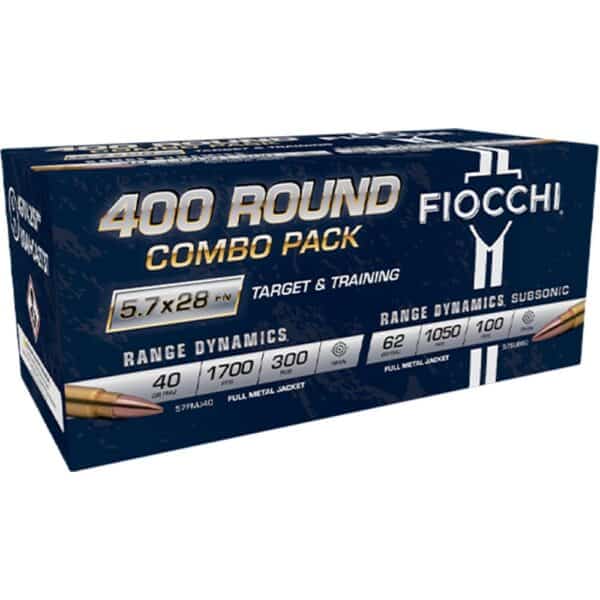 Fiocchi Target & Training Handgun Combo Pack Ammunition 5.7x28mm 40gr FMJ 1700fps 200/ct & 62gr FMJ 1050fps 200/ct (400/ct Total)