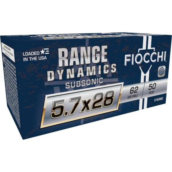 Fiocchi Range Dynamics Subsonic Handgun Ammunition 5.7x28 FN 62gr FMJ 1050 fps 50/ct