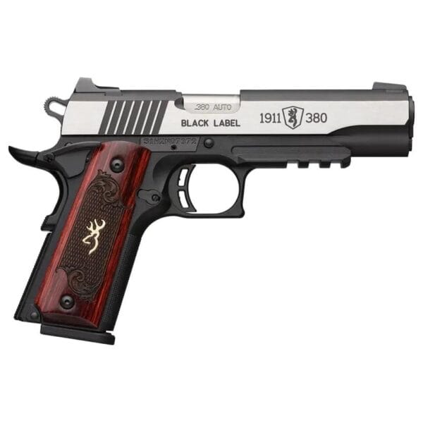 Browning 1911 380 Black Label Medallion Pro Handgun 380 ACP 8rd Magazine 4.25" Barrel Black with Silver Slide and Wood Grip 3-Dot Sights Accessory Rail